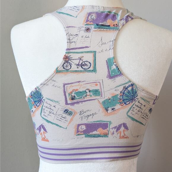 Munki Munki Bon Voyage Postcard Print Wireless Racerback Sports Bra Size Large - Picture 4 of 7